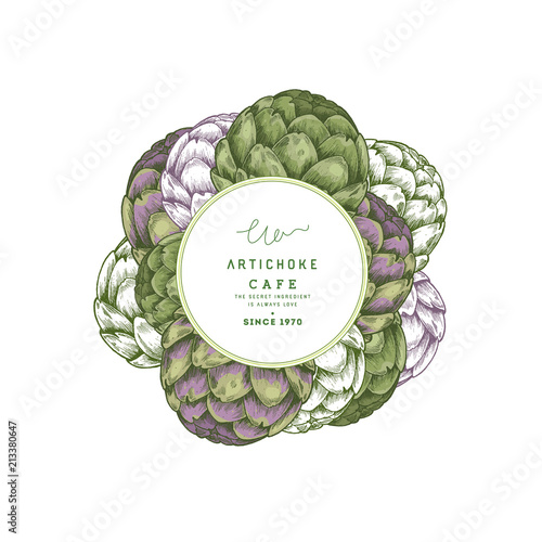 Artichoke round design template. Organic vegetables. Vector illustration