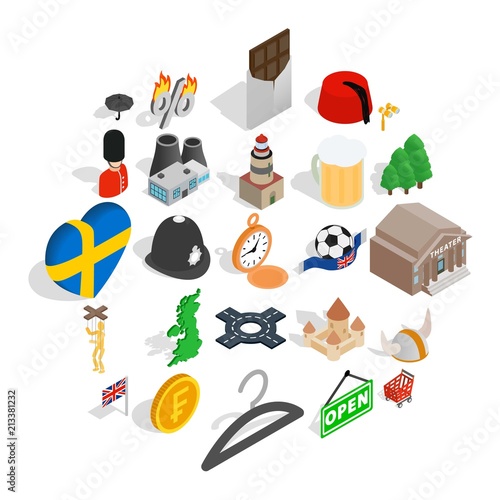 Sweden icons set. Isometric set of 25 sweden vector icons for web isolated on white background