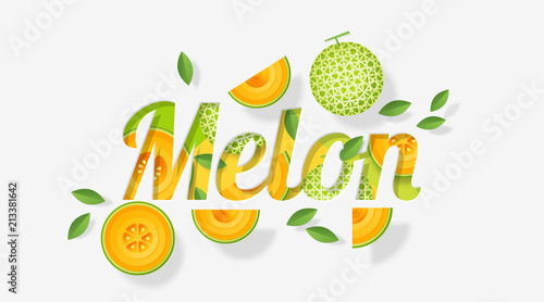 Word melon design decorated with melon fruits and leaves in paper art style , vector , illustration photo