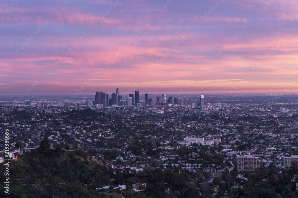 Dusk view of downtown Los Angeles California from Griffith Park in the Santa Monica Mountains.  
