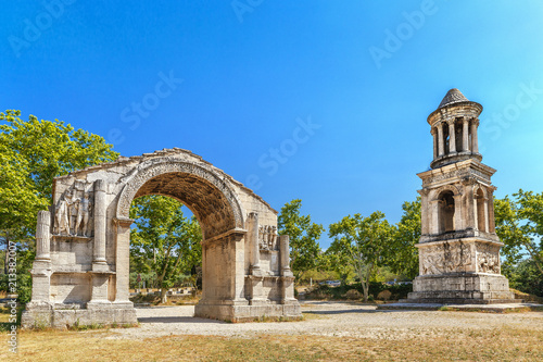France, Saint-Remy-de-Provence, ancient Roman City of Glanum, Triumphal Arch and Cenotaph. Roman ruins, entrance of ancient city.