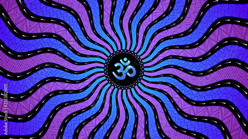 Divinely symbol Om; Spiritual sacred geometry, mandala in trance psychedelic style; Vector illustration, horizontal format.