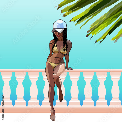 cartoon woman in a swimsuit and a cap crouched on the fence