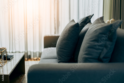 close up of natural color sofa with soft pillow interior concept