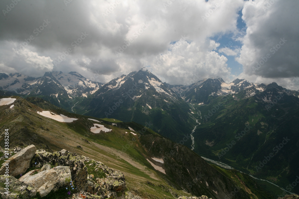 The view from peak Orlyonok of the Caucasus mountains, Arkhyz