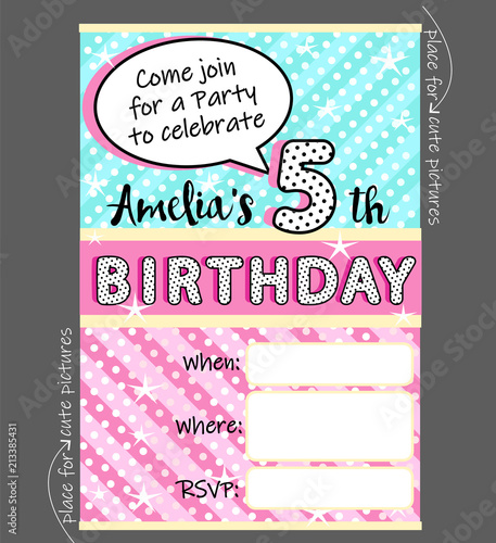 Vector invitation template for girly party. Cute invite card for birthday  baby shower for girl. Trendy doll style. Blue  pink and yellow funny pattern. Holiday background for kids. Black polka dots 