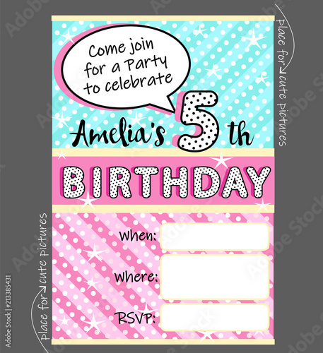 Vector invitation template for girly party. Cute invite card for birthday, baby shower for girl. Trendy doll style. Blue, pink and yellow funny pattern. Holiday background for kids. Black polka dots 
