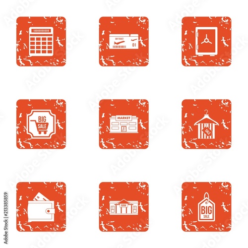 Discount week icons set. Grunge set of 9 discount week vector icons for web isolated on white background