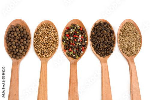 Spices in wooden spoons isolated on white