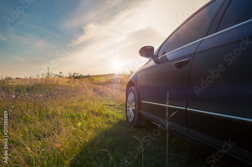 car on a dirt road in a field of sunflowers and wheat with sunlight