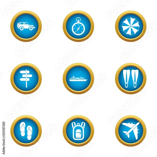 Tropical flight icons set. Flat set of 9 tropical flight vector icons for web isolated on white background