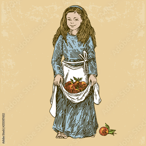 Autumn harvest. Girl holding apples in apron. Color card. Engraving style. Vector illustration.