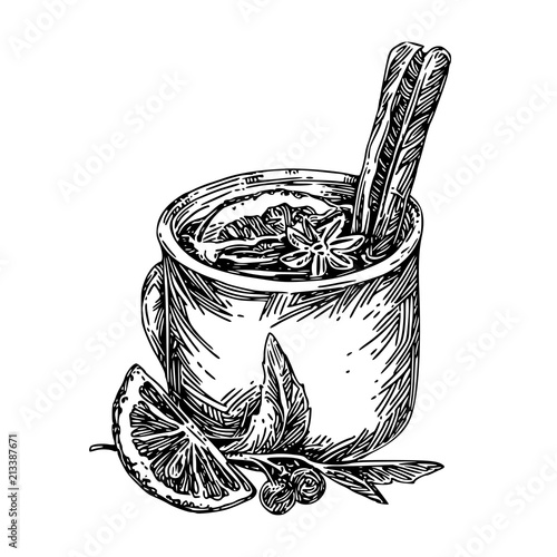 Mulled wine in an iron mug. Sketch. Engraving style. Vector illustration.