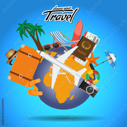 Travel and Tour Poster Design Around the World with Summer Elements. Vector Advertising layout template for your design.