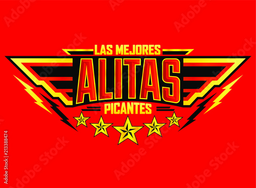 Alitas Picantes Las Mejores, The best Hot Chicken Wings spanish text, military style premium food emblem
