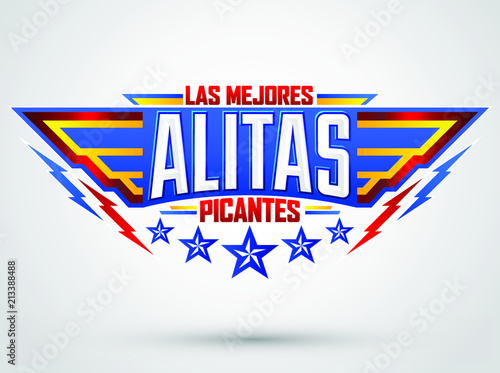 Alitas Picantes Las Mejores, The best Hot Chicken Wings spanish text, military style premium food emblem