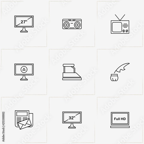 Vintage line icon set with retro tape , ink pen  and television