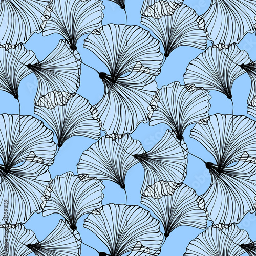Vector summer beach pattern. Blue ginkgo leaves background. Cont