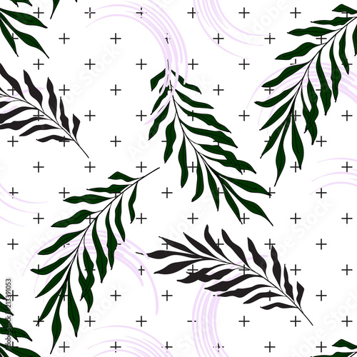 Hand Drawn Palm leaves on crosses background. Surface pattern na