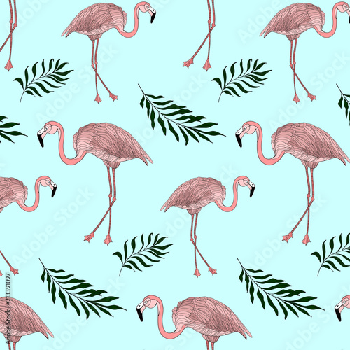 Flamingo and jungle leaves pattern. Cool summer exotic decoration. Hand painted bright exotic birds with leaves isolated on blue background