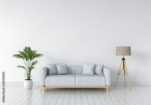 grey sofa and lamp in white living room, 3D rendering