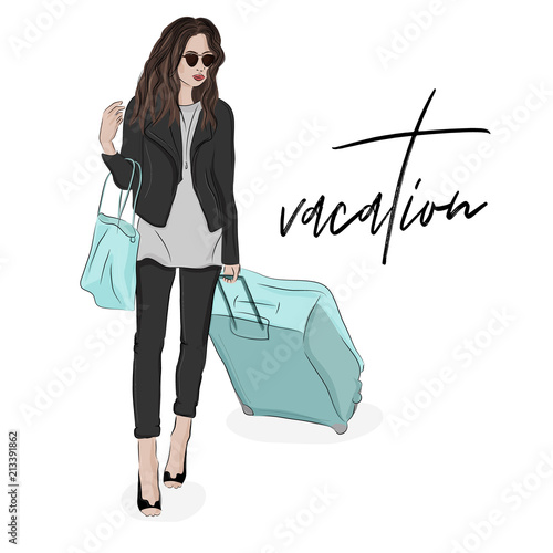 Fashion illustration of woman with luggage. Sketch poster girl in journey with bags and sunglasses. Traveler illustration. Blogger traveler lifestyle print. Female on vacation with roller suitcase