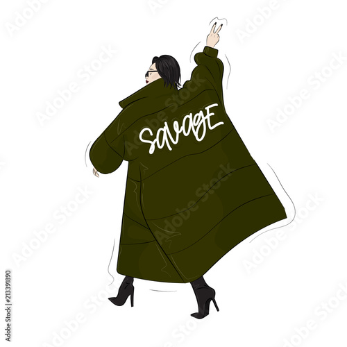 Woman in savage green  oversize blanket coat. Casual street style look. Modern glamour autumn outfit. Magazine cover drawing. Swag runaway  poster
