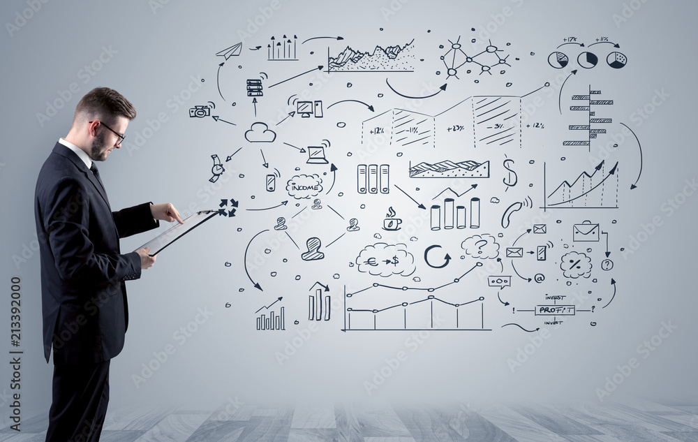Manager staying and presenting office affairs for someone with graphs, icons reports around
Manager staying and presenting office affairs for someone with graphs, icons reports around