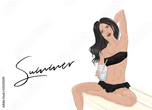 Vector beautiful hand drawn young woman in swimming suit with cocktail. Summer fashion illustration. Glamour outfit sketch. Model sutting on the beach, drinking lemonade.