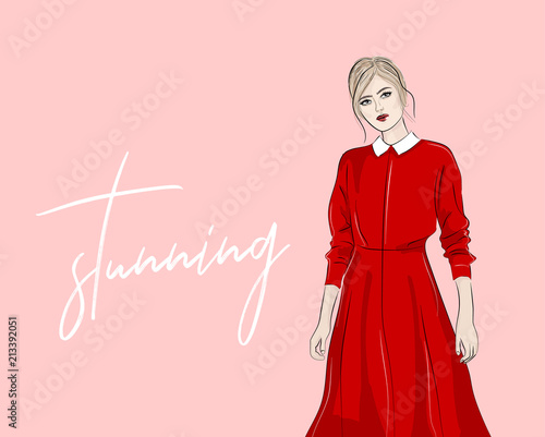 Hand drawn woman in red collar dress fashion illustration. Modern shopping sketch. Vector illustration magazine look print.  Stunning blonde girl in romantic midi dress