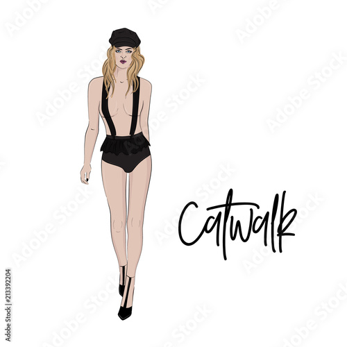 Fashion week illustration. Designer couture look woman in high waisted pants and cap on high heels outfit. Awesome dope sketch look. Girl on a catwalk, modern industry print