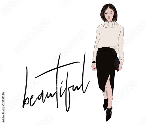 Fashion sketch. Woman in knitted sweater and midi skirt casual business illustration. Magazine portrait stylish look. Street style beautiful outfit. Blogger elegance going out outfit.