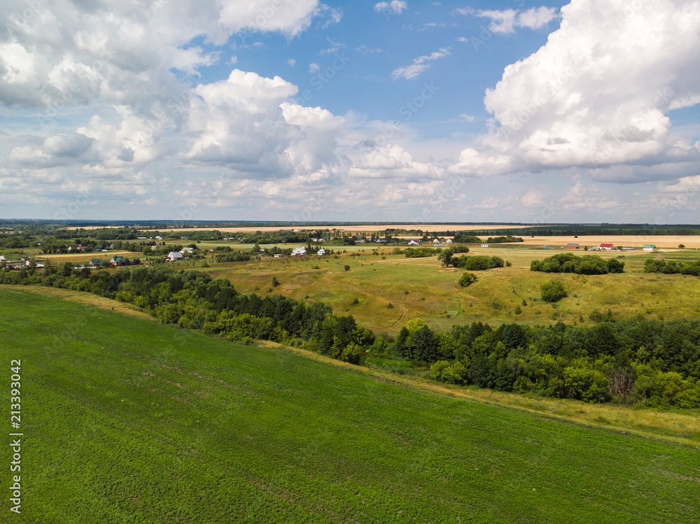 Countryside landscape with field in Russia, top view