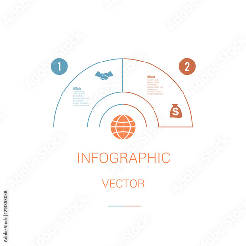 Infographic Template Colourful Pie Chart Semicircle with text areas on 2 positions. White Background. Set of business icons. Business Strategy