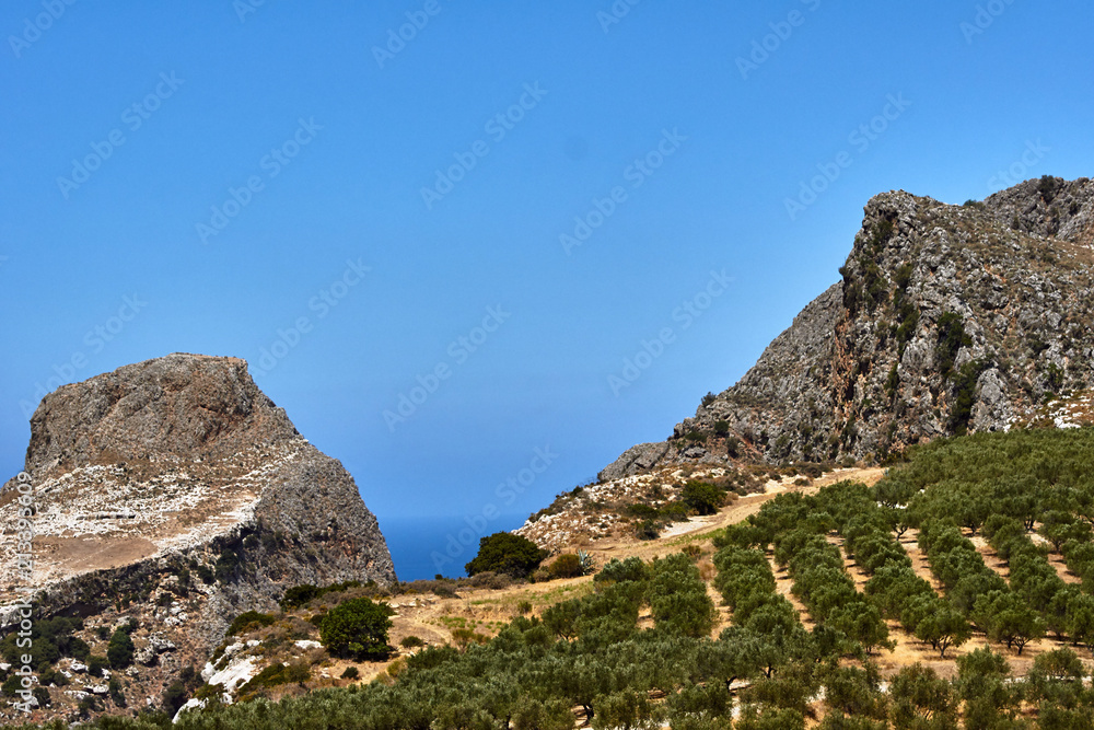 Rocky peak and olive trees on the island of Crete, Greece. Rocky peak and olive trees on the island of Crete, Greece.