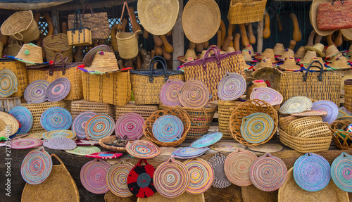 Craft wicker hats, bags and other souvenirs in Morocco market