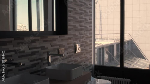 royal bathroom with panoramic window and beautiful view on the city center of Saint-Petrsburg, Russia