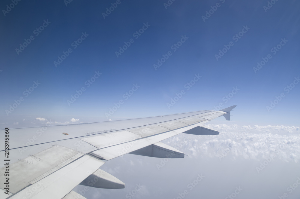 Obraz premium Airplane wing in the cloudy sky