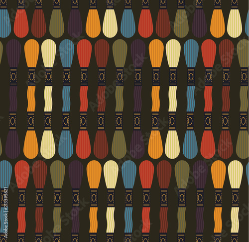 Seamless pattern of Sewing equipment, dressmaking and needlework accessories icons set with buttons. Flat isolated vector illustration. Fashion clothing, sewing, clothing design.