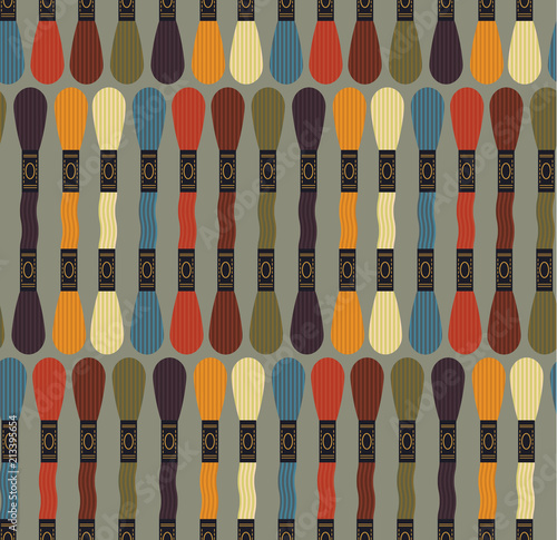 Seamless pattern of Sewing equipment, dressmaking and needlework accessories icons set with buttons. Flat isolated vector illustration. Fashion clothing, sewing, clothing design.