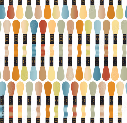 Seamless pattern of Sewing equipment, dressmaking and needlework accessories icons set with buttons. Flat isolated vector illustration. Fashion clothing, sewing, clothing design.