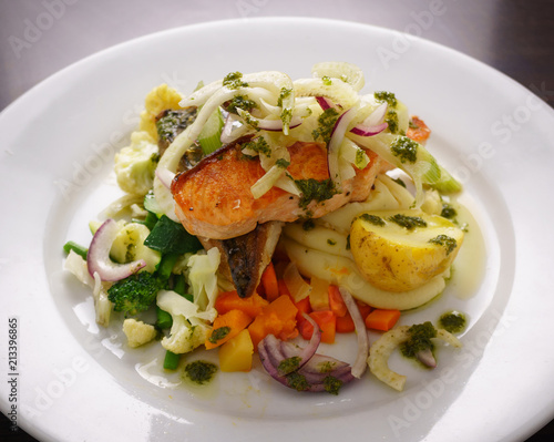 Scottish Wild Salmon Served on a bed of Steamed Vegetables