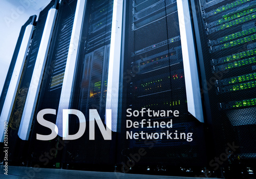SDN, Software defined networking concept on modern server room background.