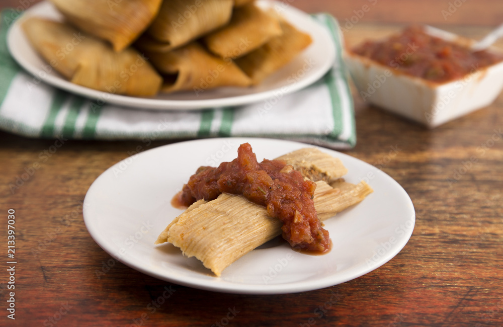 Homemade Tamale Unwrapped and On a Plate with Salsa