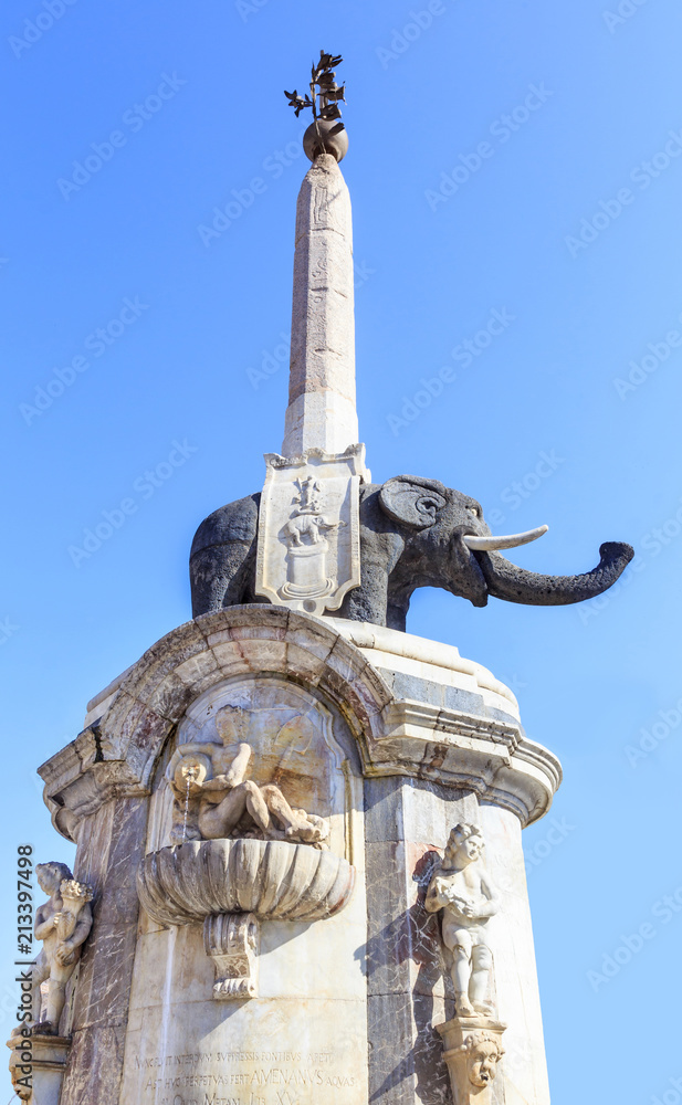 Fountain (Fontana) dell'Elefante at cathedral square ( Piazza Duomo) in Catania, Sicily is symbol of City 