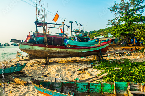 Traditional boats in Fishing village at port, Phu Quoc island in Vietnam © pszabo