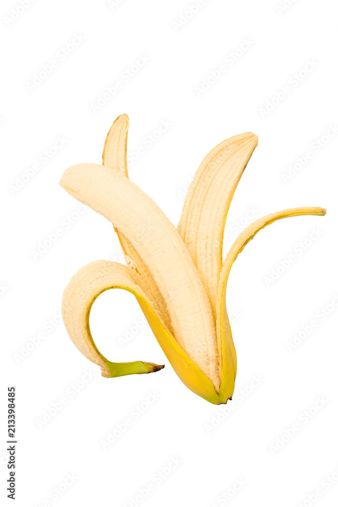 Isolated. A peeled and bitten banana in a peel on a white background.