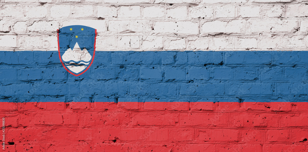 Texture of a flag of Republic of Slovenia on a pink brick wall.