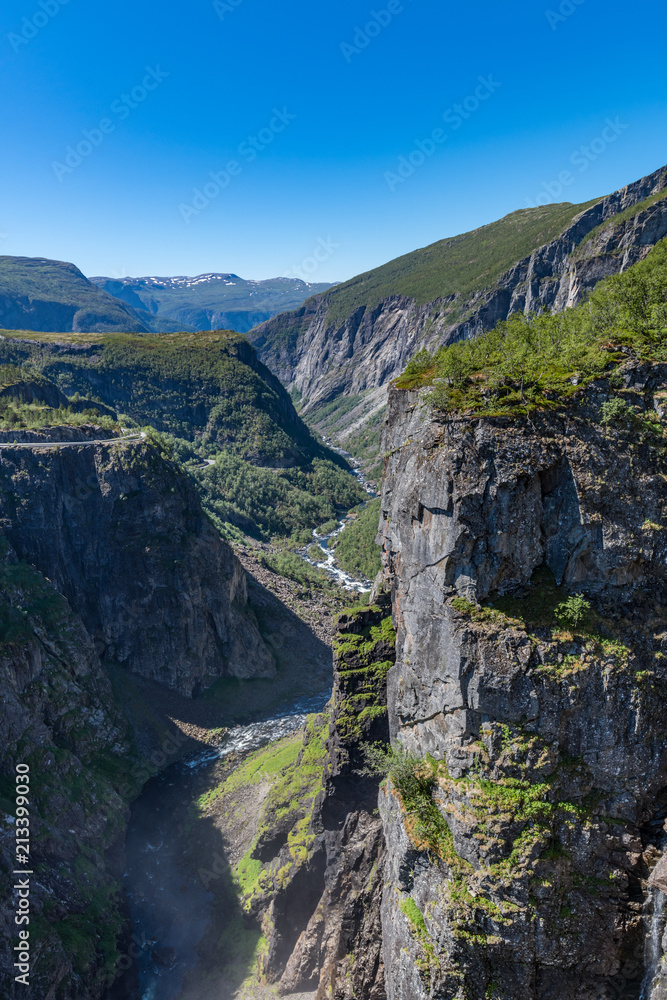 View of the Bjoreio river valley. Vertical frame. . National park Hardangervidda, EidFjord, Norway.
