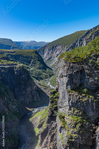 View of the Bjoreio river valley. Vertical frame. . National park Hardangervidda, EidFjord, Norway.